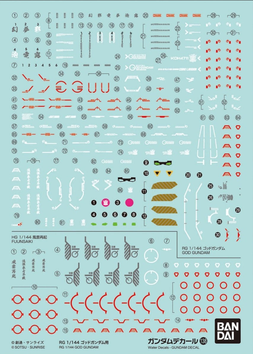 Bandai Gundam Decal #138 For RG 1/144 God Gundam Water Slide/Transfer Decals Special Color